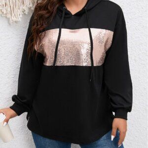 SHEIN - Curve | 2XL | Contrast Gold Sequin Drop Shoulder Drawstring Black Hoodie